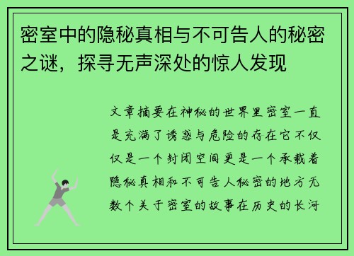 密室中的隐秘真相与不可告人的秘密之谜，探寻无声深处的惊人发现
